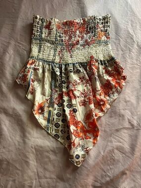 Smocked Floral Handkerchief Hem Tube Top - Orange & Cream